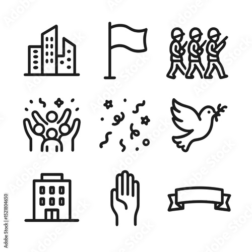 City Liberation Icons. Outline icon set of city liberation flag wave: city skyline, raised flag, marching soldiers, cheering crowd