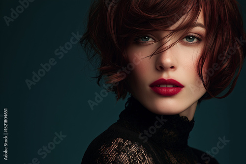 Woman with short dark hair and red lips in dark background