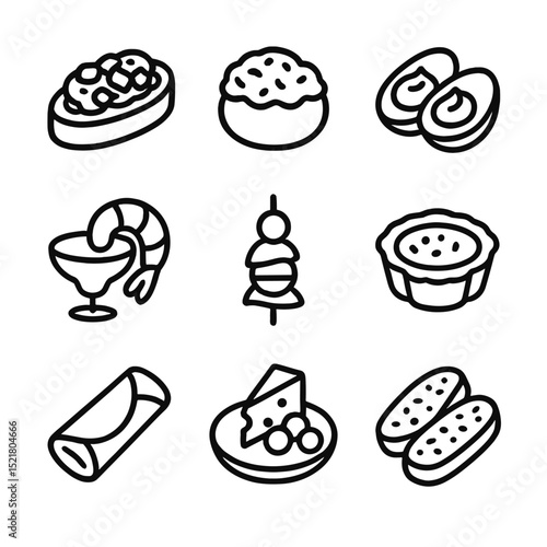 Classic Appetizer Icons. Outline icon set of classic appetizers: bruschetta, stuffed mushrooms, deviled eggs, shrimp cocktail,