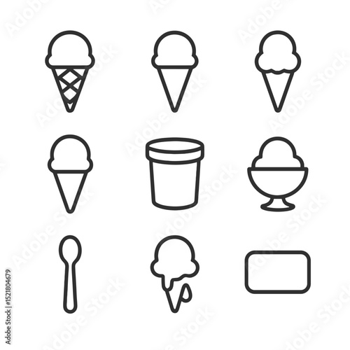 Classic Ice Cream Icons. Outline icon set of classic ice cream cones and scoops: waffle cone, sugar cone, single scoop, double