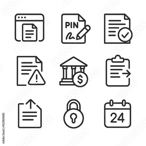 Electronic Filing Icons. Outline icon set of electronic filing features: e-file portal, PIN signature, acknowledgment letter,