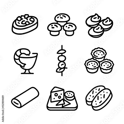 Classic Appetizer Icons. Outline icon set of classic appetizers: bruschetta, stuffed mushrooms, deviled eggs, shrimp cocktail,