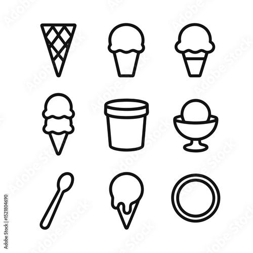 Classic Ice Cream Icons. Outline icon set of classic ice cream cones and scoops: waffle cone, sugar cone, single scoop, double