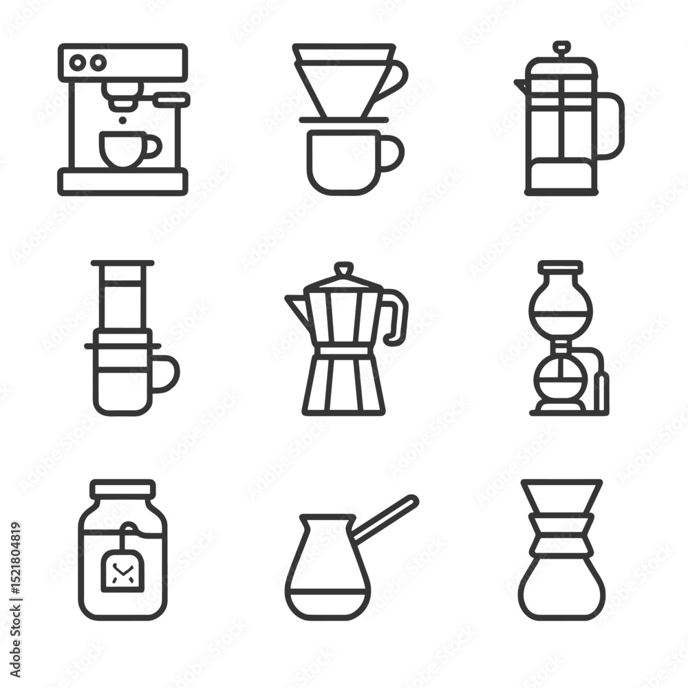 Coffee Brewing Icons. Outline icon set of coffee brewing methods: espresso machine, pour-over dripper, French press, AeroPress, Coffee Brewing Icons. Outline icon set of coffee brewing methods: espresso machine, pour-over dripper, French press, AeroPress,