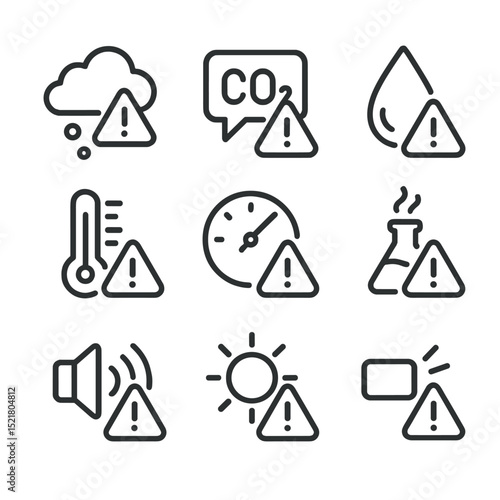 Environmental Sensor Icons. Outline icon set of environmental sensor alerts: air quality poor, CO₂ high, humidity low, temperature
