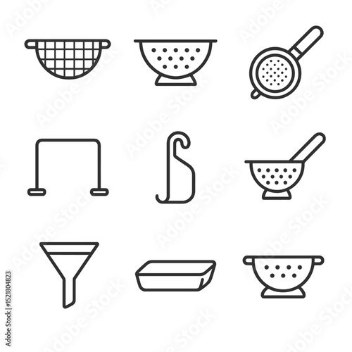 Colander Icon Set. Outline icon set of using colanders and strainers: mesh colander, perforated bowl, fine strainer, drip stand,