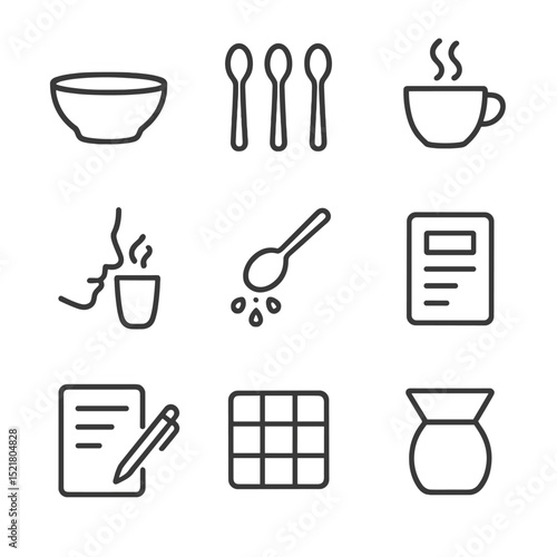 Coffee Cupping Icons. Outline icon set of coffee cupping protocol: cupping bowl, spoons row, aroma cup, fragrance sniff swirl,