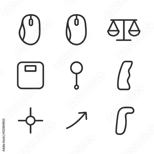 Ergonomic Icon Set. Outline icon set of ergonomic enhancements: thumb rest, finger groove, balance icon, weight scale, pivot point