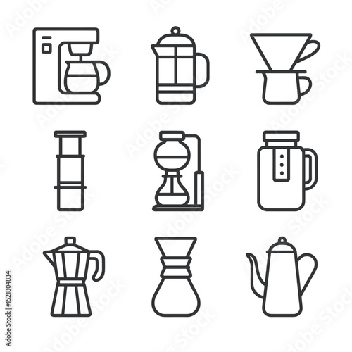 Coffee Brewing Icons. Outline icon set of brewing methods: drip coffee maker, French press, pour-over dripper, AeroPress, siphon