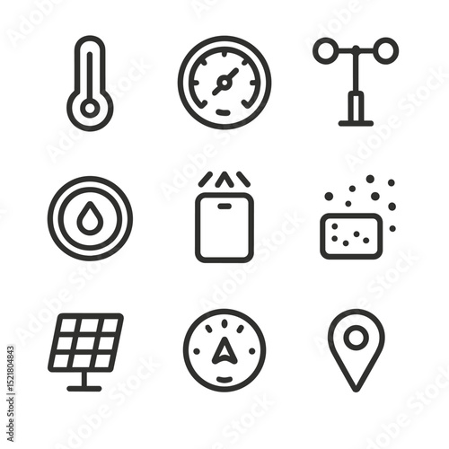 Environmental Monitoring Icons. Outline icon set of environmental monitoring: thermometer, barometer, anemometer, hygrometer, UV
