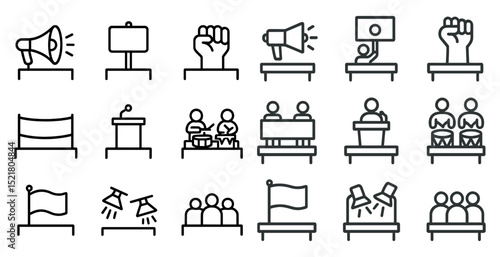Outline icons featuring public speaking, protest, and community concepts