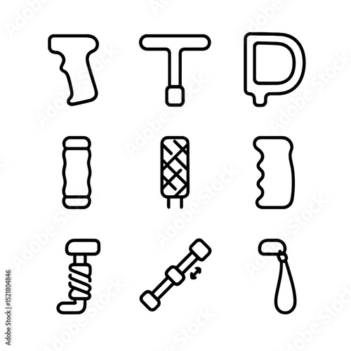 Ergonomic Handle Icons. Outline icon set of ergonomic handle designs: pistol grip, T-handle, D-handle, cushioned grip, anti-slip