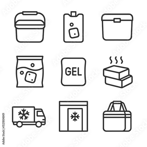 Cold Storage Icons. Outline icon set of cold food storage solutions: insulated cooler, ice pack, cold box, vacuum-sealed bag, gel