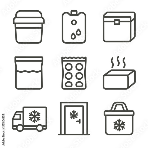 Cold Storage Icons. Outline icon set of cold food storage solutions: insulated cooler, ice pack, cold box, vacuum-sealed bag, gel