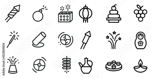 Festive icon set featuring fireworks, lanterns, and traditional items for celebration and design