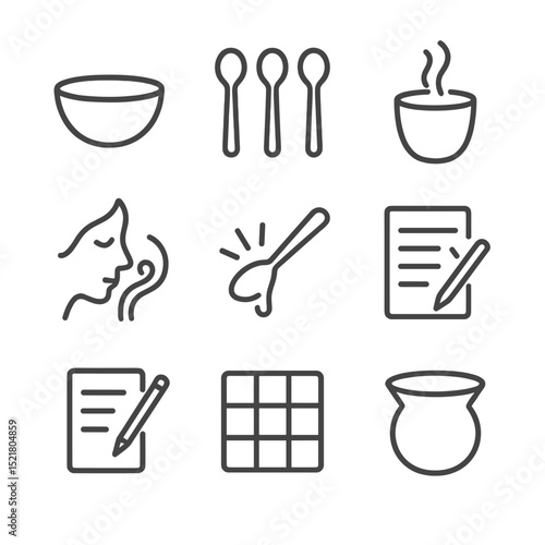 Coffee Cupping Icons. Outline icon set of coffee cupping protocol: cupping bowl, spoons row, aroma cup, fragrance sniff swirl,