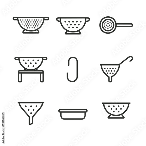 Colander Icon Set. Outline icon set of using colanders and strainers: mesh colander, perforated bowl, fine strainer, drip stand,