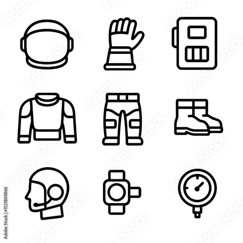 EVA Suit Icons. Outline icon set of EVA suit components: helmet visor, gauntlet glove, life support pack, upper torso, lower torso