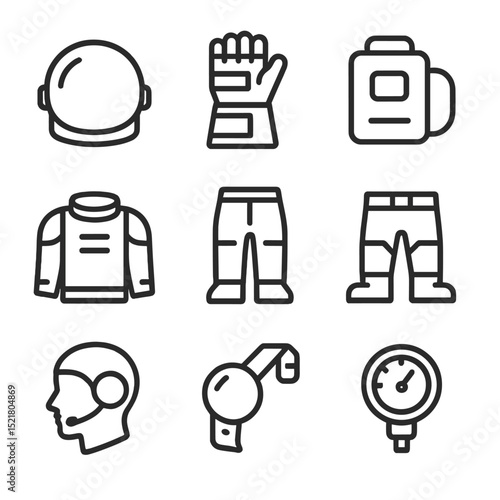 EVA Suit Icons. Outline icon set of EVA suit components: helmet visor, gauntlet glove, life support pack, upper torso, lower torso