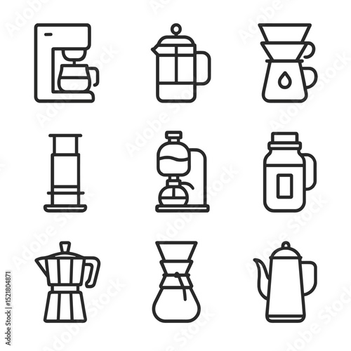 Coffee Brewing Icons. Outline icon set of brewing methods: drip coffee maker, French press, pour-over dripper, AeroPress, siphon