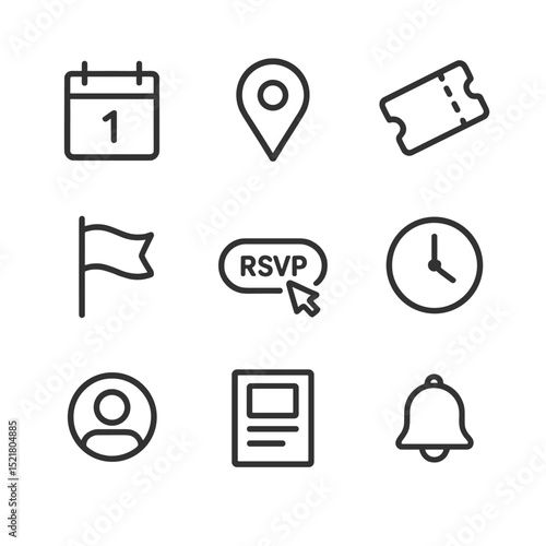 Event Icon Set. Outline icon set of local event listings: calendar date, event pin, ticket stub, location flag, RSVP button, time