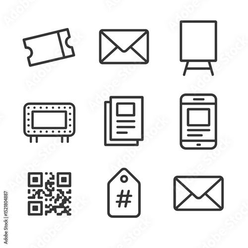 Event Icons Grid. Outline icon set of ticketing and promotion materials: ticket stub, RSVP envelope, poster stand, marquee sign,