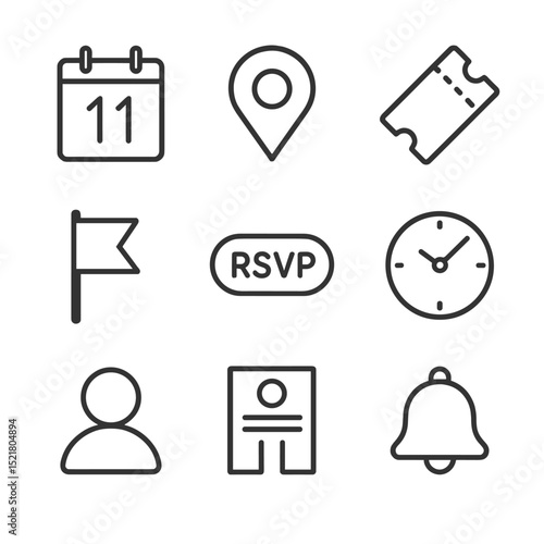 Event Icon Set. Outline icon set of local event listings: calendar date, event pin, ticket stub, location flag, RSVP button, time
