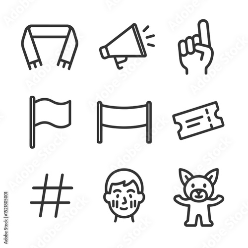 Fan Engagement Icons Set. Outline icon set of fan engagement elements: supporter scarf, megaphone cheer, foam finger, stadium flag