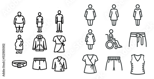 Fashion and accessibility icons featuring diverse clothing styles and inclusive design
