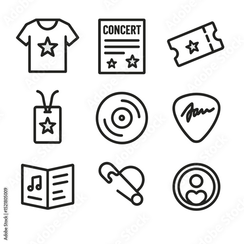 Fan Memorabilia Icons. Outline icon set of fan memorabilia: band T-shirt, concert poster, ticket stub, backstage pass, vinyl