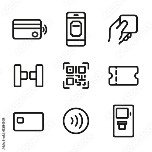 Fare Payment Icons. Outline icon set of fare payment methods: contactless card, mobile ticket app, cash payment, fare gate, QR