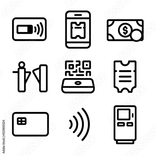 Fare Payment Icons. Outline icon set of fare payment methods: contactless card, mobile ticket app, cash payment, fare gate, QR
