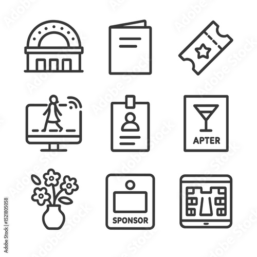 Fashion Week Icon Set. Outline icon set of fashion week elements: venue marquee, schedule booklet, ticket stub, live stream icon,