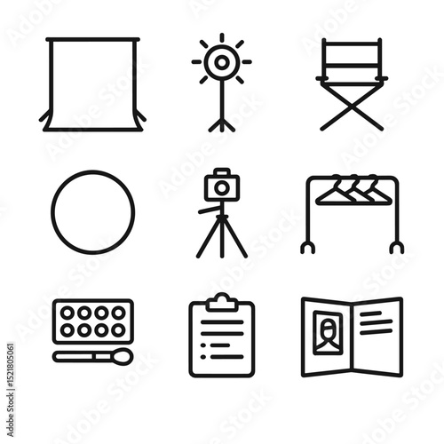 Fashion Shoot Icons. Outline icon set of fashion editorial shoot: studio backdrop, beauty light, director’s chair, reflector disc,