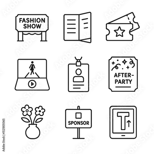 Fashion Week Icon Set. Outline icon set of fashion week elements: venue marquee, schedule booklet, ticket stub, live stream icon,