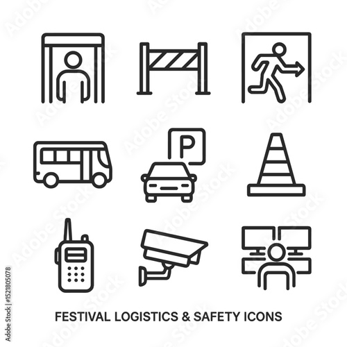 Festival Safety Icons. Outline icon set of festival logistics and safety: security checkpoint, barrier fence, emergency exit sign,