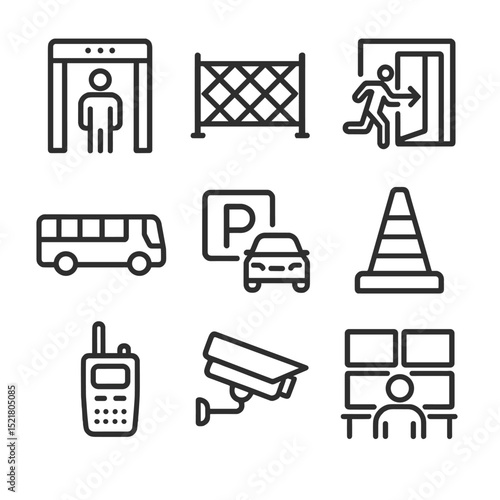 Festival Safety Icons. Outline icon set of festival logistics and safety: security checkpoint, barrier fence, emergency exit sign,