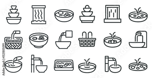 Minimalist line icons of fountains and pools for design and decoration projects