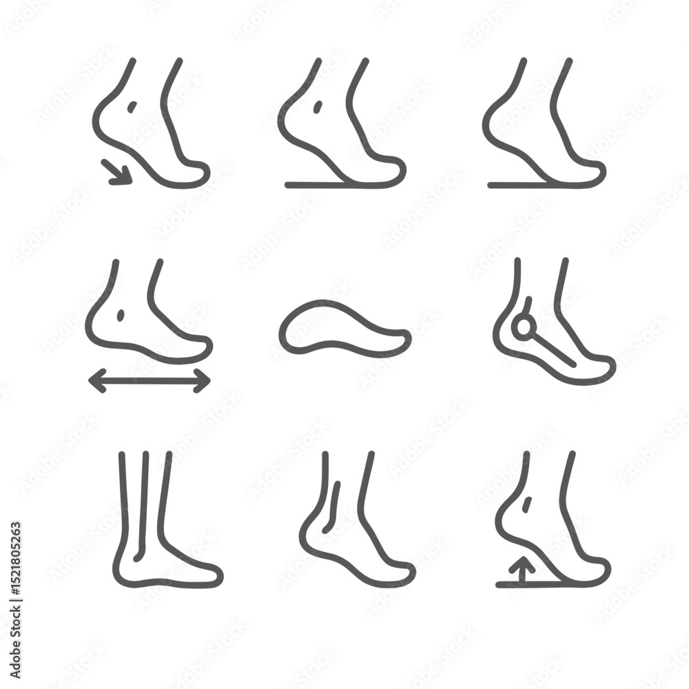 Obraz premium Foot Biomechanics Icons. Outline icon set of foot strike biomechanics: heel strike, midfoot strike, toe-off, stride length arrow,