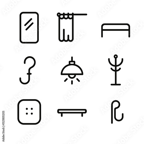 Fitting Room Icon Set. Outline icon set of fitting room fixtures: full-length mirror, curtain rod, bench seat, clothes hook,