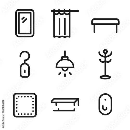Fitting Room Icon Set. Outline icon set of fitting room fixtures: full-length mirror, curtain rod, bench seat, clothes hook,
