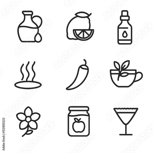 Flavor Profile Icons. Outline icon set of flavor profiles: sweet syrup, sour lemon, bitter bitters, smoky flavor, spicy chili,