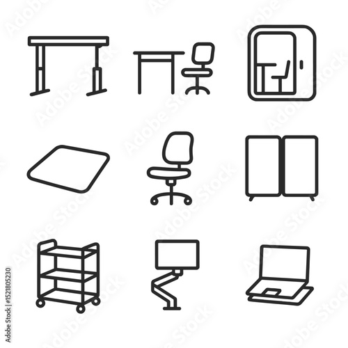 Flexible Workspace Icons. Outline icon set of flexible workspace: adjustable desk, hot desk, office pod, standing mat, swivel