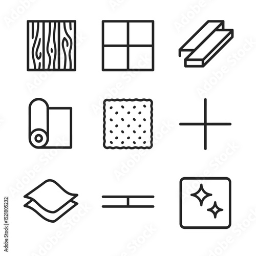 Flooring Icon Set. Outline icon set of flooring options: hardwood plank, tile square, laminate board, vinyl roll, carpet swatch,