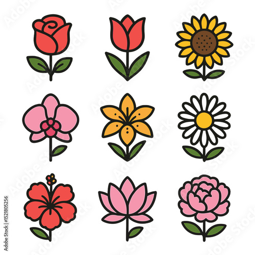 Floral Icons Grid. Outline icon set of colorful floral blooms: rose, tulip, sunflower, orchid, lily, daisy, hibiscus, lotus, peony