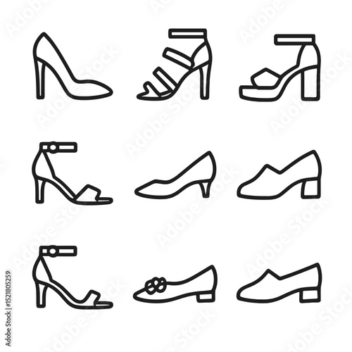 Footwear Icons Grid. Outline icon set of footwear options: stiletto pumps, strappy sandals, platform heels, peep-toe heels,