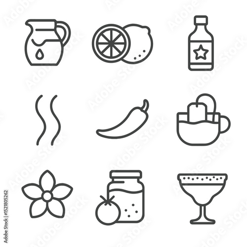 Flavor Profile Icons. Outline icon set of flavor profiles: sweet syrup, sour lemon, bitter bitters, smoky flavor, spicy chili,