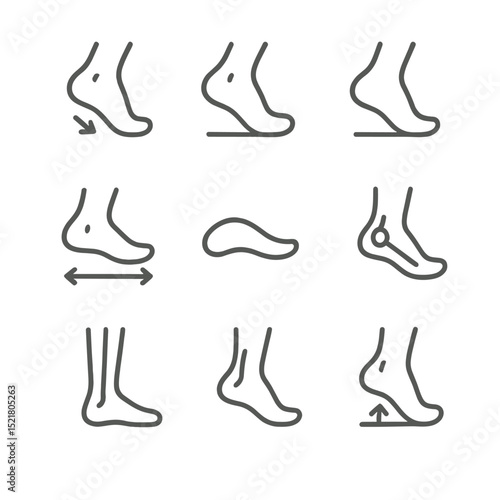 Foot Biomechanics Icons. Outline icon set of foot strike biomechanics: heel strike, midfoot strike, toe-off, stride length arrow,