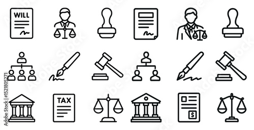 Legal and justice icons for documents and court processes