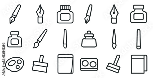 Art and design tools collection featuring brushes, inks, and palette
